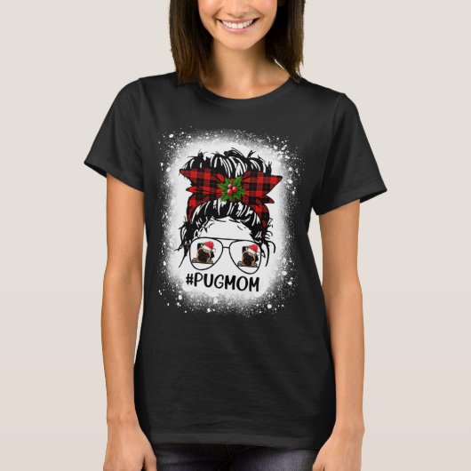 T-shirt Carlin Maman Buffalo Plaid Messy Bun Christmas Ble (Devant)