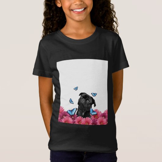 T-Shirt Carlin Noir Avec Papillons Bleus Et Gerberas (Devant)