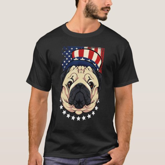 T-shirt Carlin patriotique 4 juillet chien mignon Drapeau (Devant)