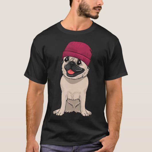 T-shirt Carlin portant Beanie mignon Cool chien Knit Casqu (Devant)