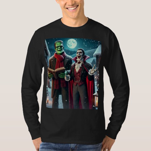 T-shirt Caroling Frankenstein's Monster and Dracula (Devant)