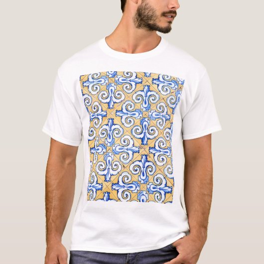 T-shirt Carreaux espagnols - Azulejo Bleu, Jaune et Blanc (Devant)