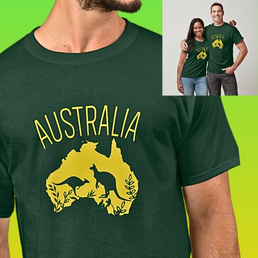 T-shirt Carte de l'Australie Jaune avec Kangaroos sur Dark
