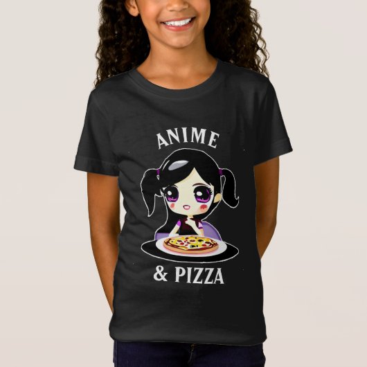 T-Shirt Carton Anime et Pizza noir et violet (Devant)