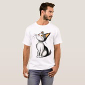 T-shirt Cartoon Black and White Cat Sitting Illustration (Devant entier)
