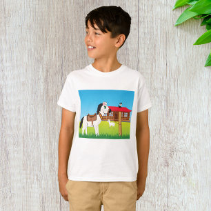 T-shirt Cartoon Farm Scène avec Cheval Chat et Chèvre