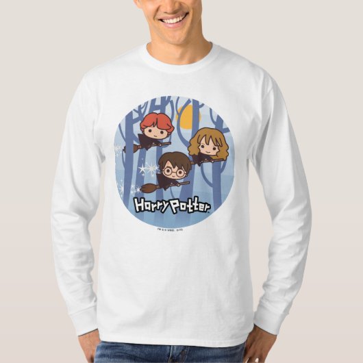 T-shirt Cartoon Harry, Ron, & Hermione Flying In Woods (Devant)
