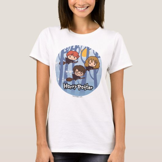 T-shirt Cartoon Harry, Ron, & Hermione Flying In Woods (Devant)
