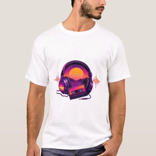 T-shirt Casque Retro Synthwave au coucher du soleil (Devant)