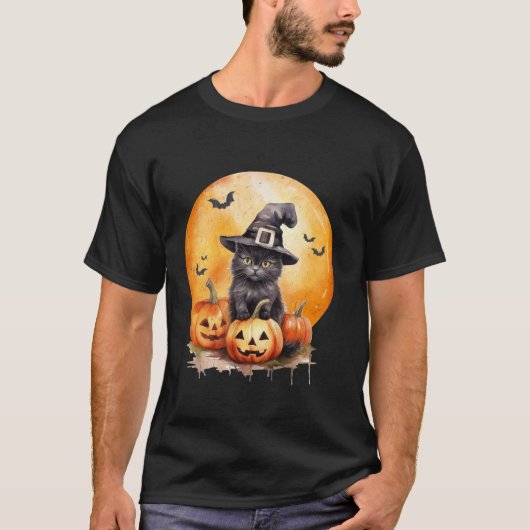 T-shirt Casquette Chat Noir Sorcière Citrouille Pour Femme (Devant)