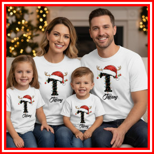T-shirt Casquette de Noël de famille monogrammée avec bois