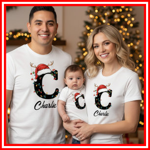 T-shirt Casquette de Noël de famille monogrammée avec bois