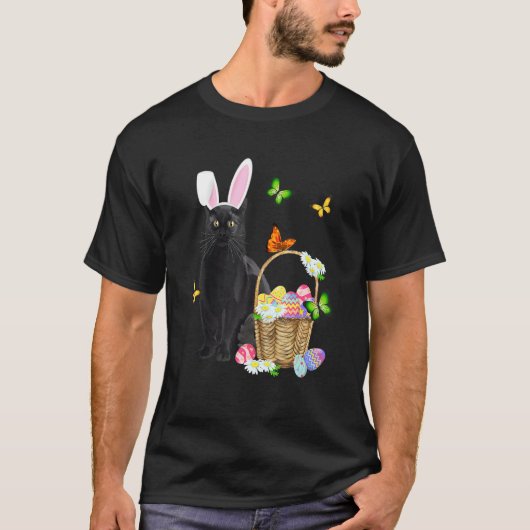 T-shirt Casquette lapin lapin noir OEufs de Pâques Panier (Devant)