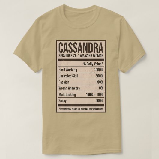 T-shirt Cassandra Nutrition Facts Nom Pseudo Alias Titre (Design devant)