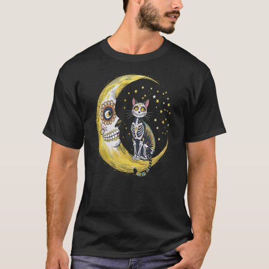 T-shirt Cat And Moon Sugar Skull Dia De Los Muertos Day Of (Devant)