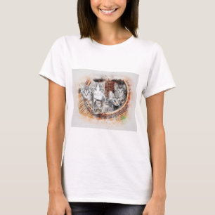 T-shirt Cat Basket Kitten Art Abstract Vintage Watercolor.