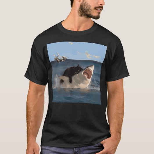 T-shirt Cat Biting Shark Funny Art and Cat Lover Funny Cat (Devant)