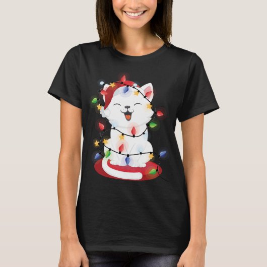 T-shirt Cat Christmas Lights kitty Portrait Neige (Devant)