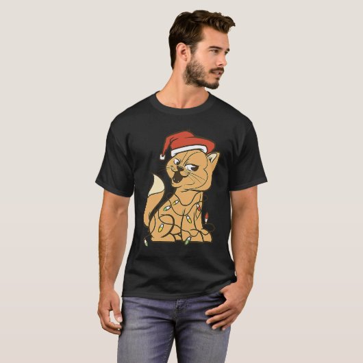 T-shirt Cat Christmas Lights Tree Chat (Devant entier)