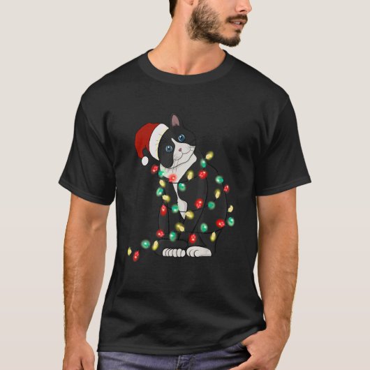 T-shirt Cat Christmas Lights Tree Santa Hat Cat   Christma (Devant)