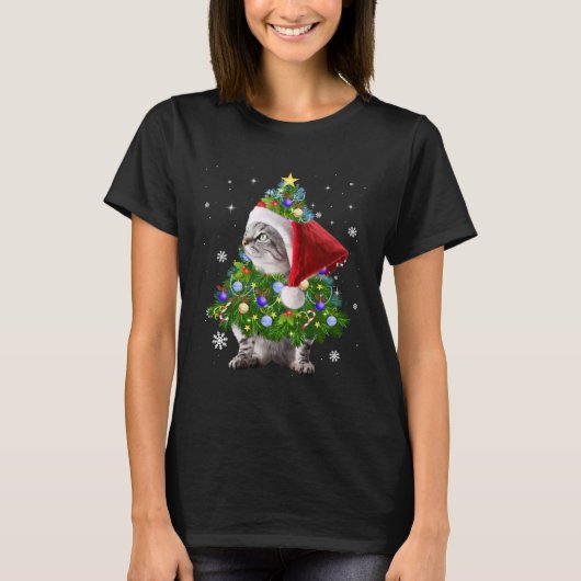 T-shirt Cat Christmas Tree Lights Cat (Devant)
