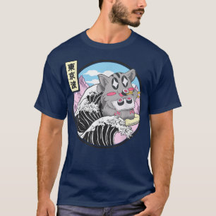 T-shirt Cat Eating Sushi Surfing Kanagawa Wave Anime Cute