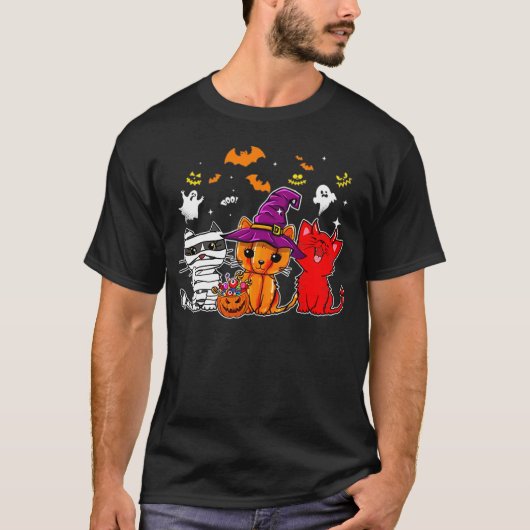 T-shirt Cat Happy halloween, Cute mummy witch demon cat fu (Devant)
