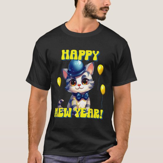 T-shirt Cat Happy New Year Mew Year Funny New Years Party  (Devant)