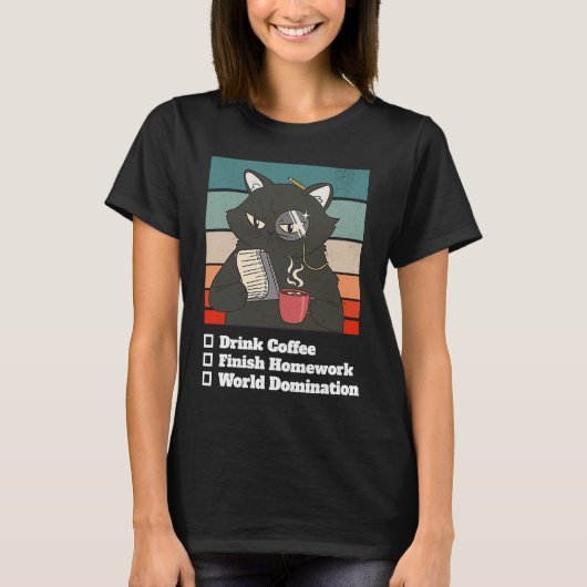 T-shirt Cat List World Domination Homework School Kid Coll (Devant)