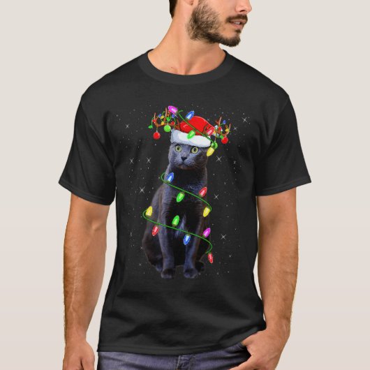 T-shirt Cat Lover Xmas Lighting Santa Russian Blue Cat Chr (Devant)