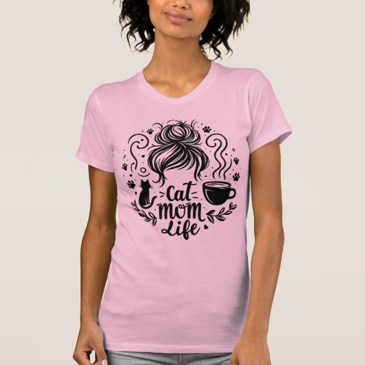 T-shirt Cat Mom Life Messy Bun Coffee And Cats Tee (Devant)