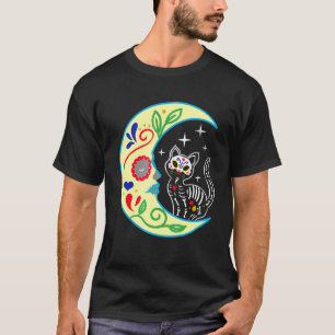 T-shirt Cat Moon Sugar Skull Dia de Los Muertos Jour de