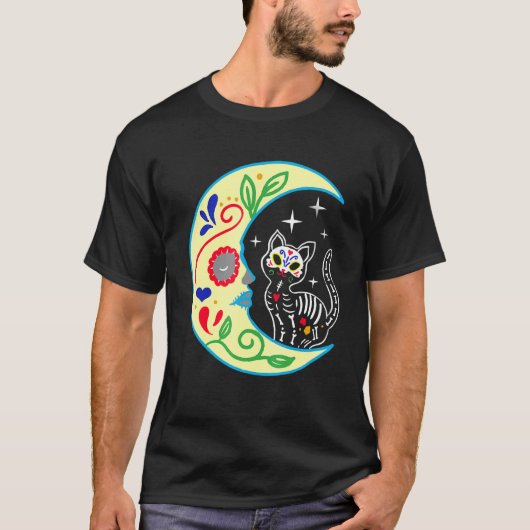 T-shirt Cat Moon Sugar Skull Dia de Los Muertos Jour de (Devant)
