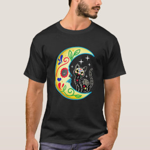 T-shirt Cat Moon Sugar Skull Dia De Los Muertos Jour De
