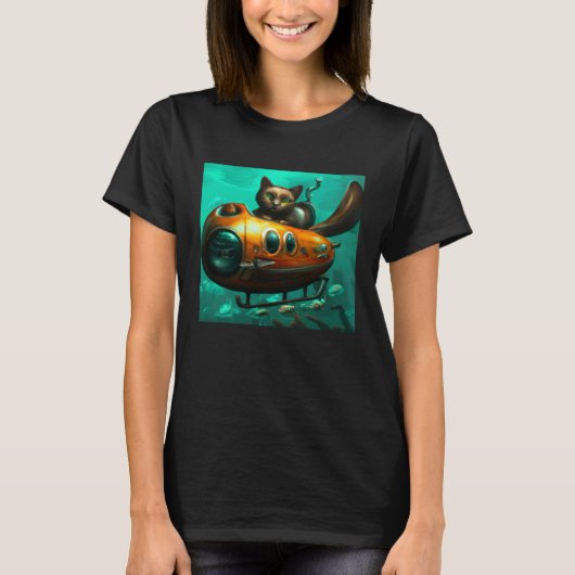 T-shirt Cat on a submarine in water Unusual situation (Devant)