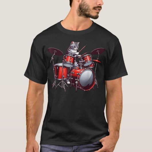 T-shirt Cat Playing Drums Funny Percussionist Drummer Cat  (Devant)