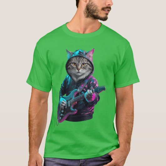 T-shirt Cat Playing Guitar Rock and Roll Rock Star for Men (Devant)