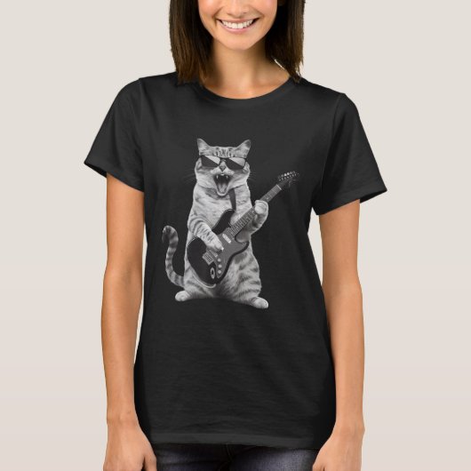 T-shirt Cat Playing Guitar Rock Star Rock And Roll Men Wom (Devant)