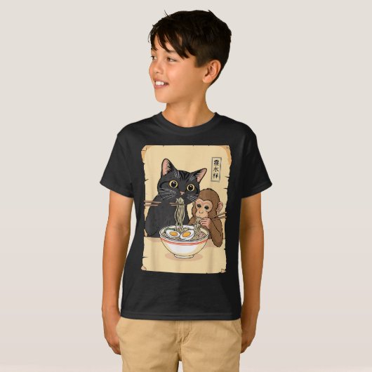 T-shirt Cat Ramen Monkey Shirt Funny Cat Monkey Eating Ram (Devant entier)