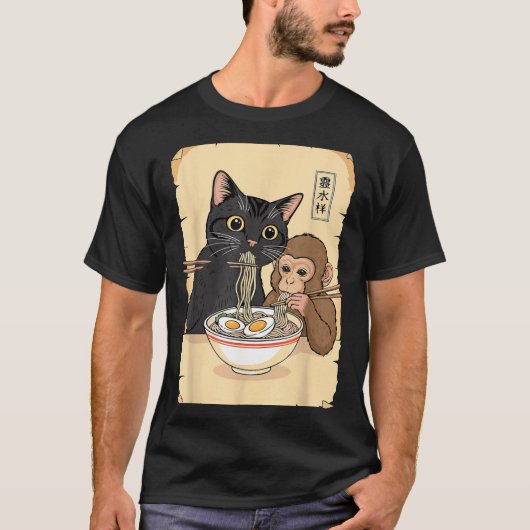 T-shirt Cat Ramen Monkey Shirt Funny Cat Monkey Eating Ram (Devant)