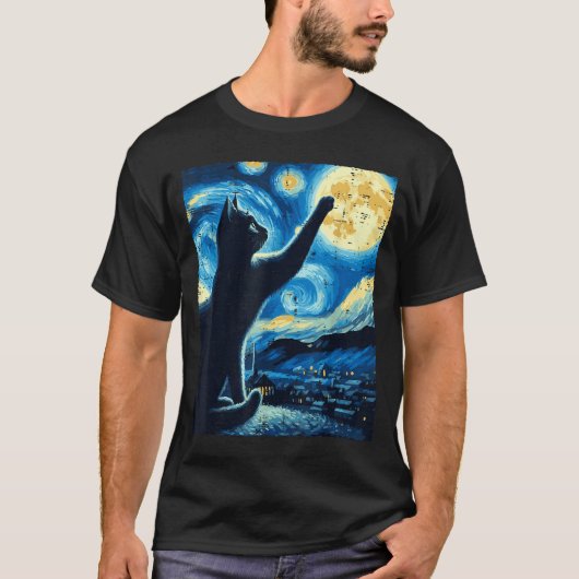 T-shirt Cat Reaching Moon Starry Night Funny Kitten Men Wo (Devant)