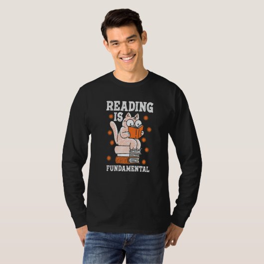 T-shirt Cat Reading Is Fundamental Geeky Bookworm Poetry L (Devant entier)