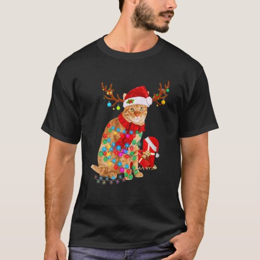 T-shirt Cat Reindeer Santa Hat Christmas Light Animal Xmas (Devant)