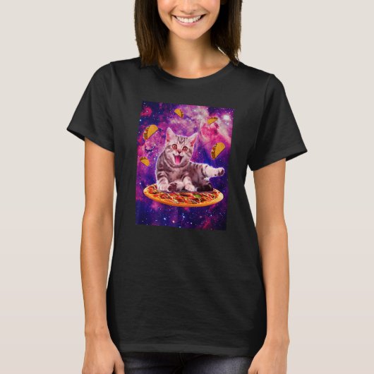T-shirt Cat Riding Pizza In Space Galaxy Taco Kitten Cats (Devant)