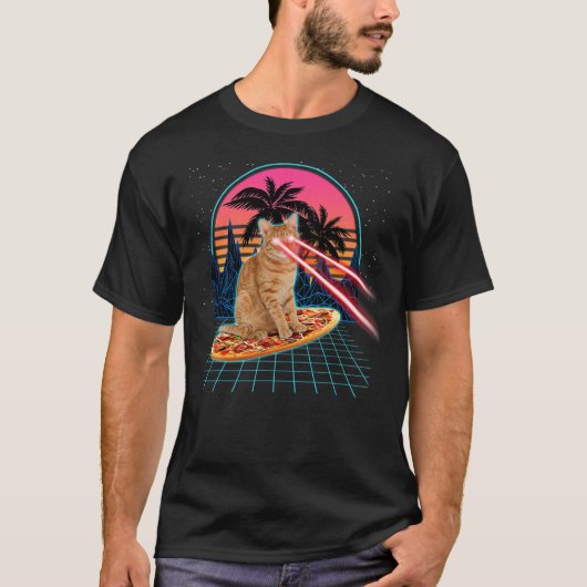 T-shirt Cat Riding Pizza Laser Eyes 80s Cat In Space Cats (Devant)