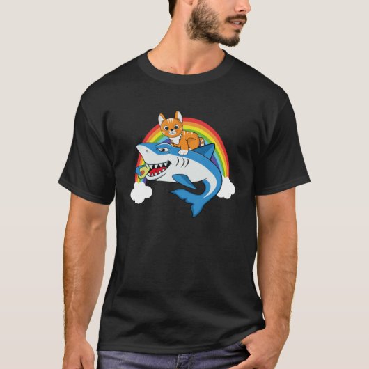 T-shirt Cat Riding Shark Eating Avocado With Rainbow For C (Devant)