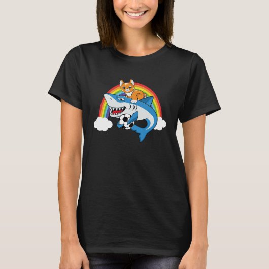 T-shirt Cat Riding Shark Playing Soccer With Rainbow Graph (Devant)