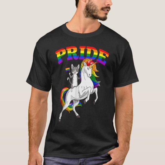 T-shirt Cat Riding Unicorn Gay Pride Rainbow Lgbtq (Devant)