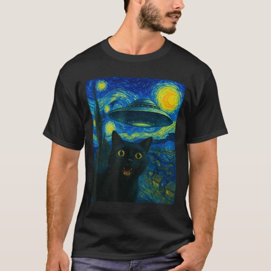 T-shirt Cat Selfie With Alien Ufo Night Van Gogh Men Women (Devant)