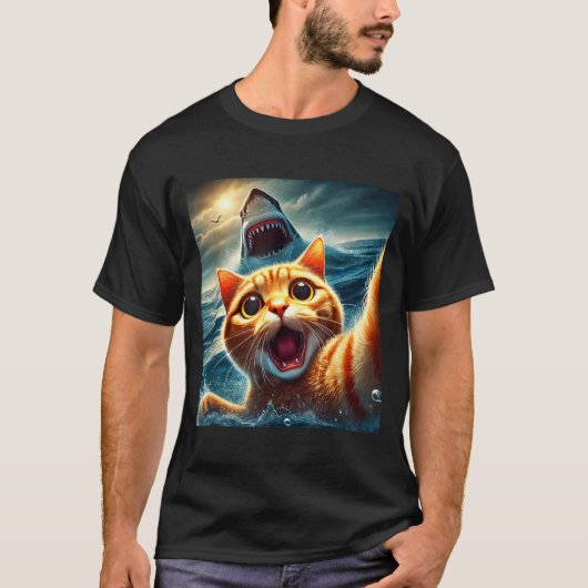 T-shirt Cat Selfie With Shark Funny  (Devant)